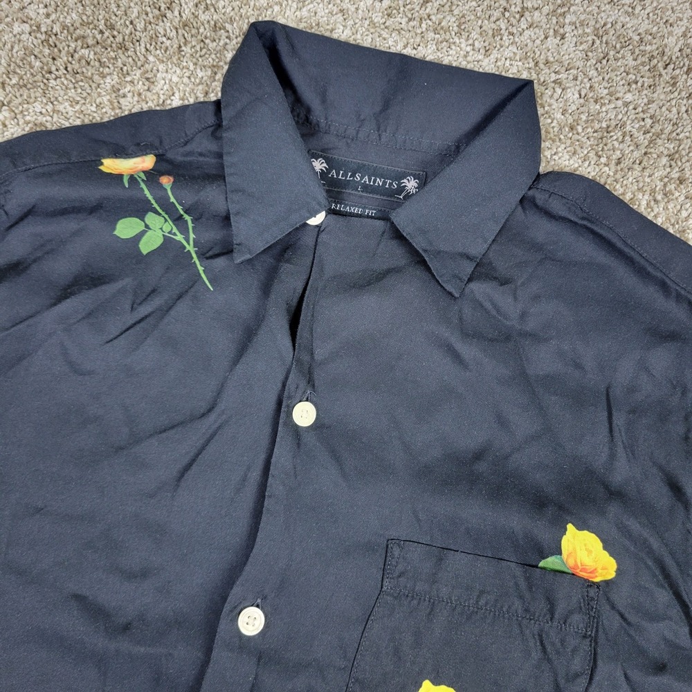 Allsaints Relaxed Fit Mens Large Black AOP Floral Hawaiian Camp Short Sleeve